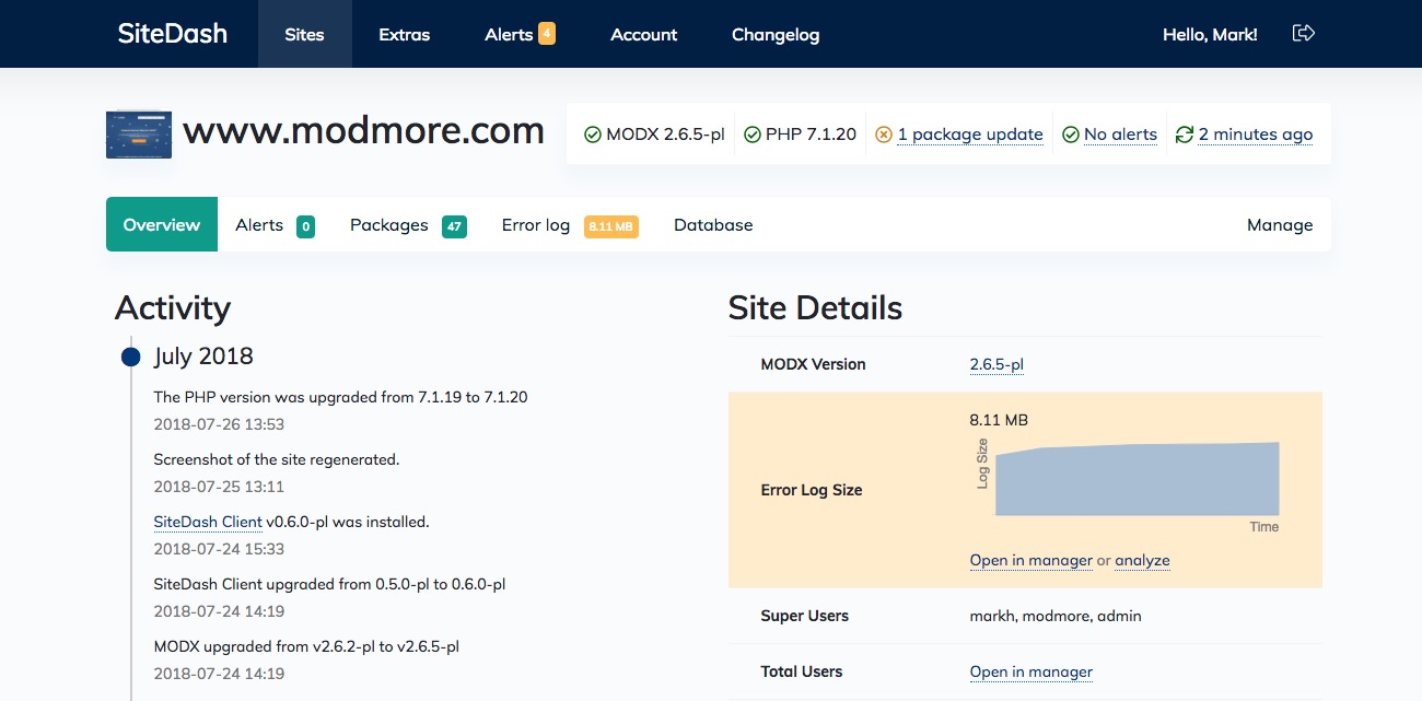 Showing a site's detail page in SiteDash